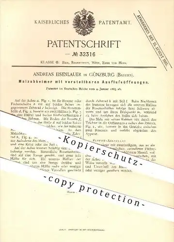 original Patent - Andreas Eisenlauer in Günzburg , 1885 , Malzabkeimer mit Ausflussöffnungen , Brauerei , Bier , Malz !!