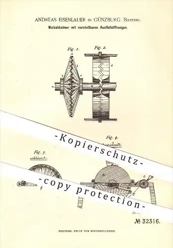original Patent - Andreas Eisenlauer in Günzburg , 1885 , Malzabkeimer mit Ausflussöffnungen , Brauerei , Bier , Malz !!