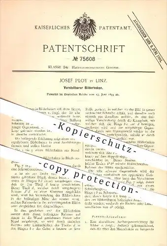 original Patent - Josef Ploy in Linz , 1893 , Verstellbarer Bilderhaken , Bild , Haken , Haushalt , Aufhängung !!!
