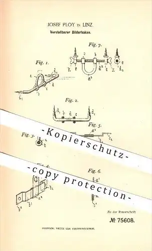 original Patent - Josef Ploy in Linz , 1893 , Verstellbarer Bilderhaken , Bild , Haken , Haushalt , Aufhängung !!!