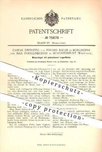 original Patent - C. Dwersteg u. E. Baude in Borghorst , Max Porstendorfer , Burgsteinfurt , 1893 , Mauerziegel , Ziegel