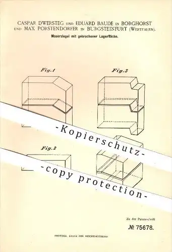 original Patent - C. Dwersteg u. E. Baude in Borghorst , Max Porstendorfer , Burgsteinfurt , 1893 , Mauerziegel , Ziegel