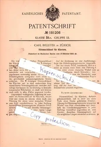 Original Patent - Carl Billeter in Zürich , 1905 , Stimmschlüssel für Klavier !!!