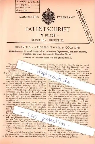 Original Patent -  Kraemer & van Elsberg G.m.b.H. in Cöln a. Rh. , 1905 , Versandrahmen , Köln !!!