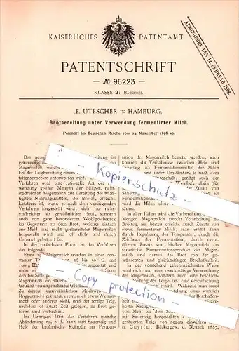 Original Patent - E. Utescher in Hamburg , 1896 , Brotbereitung mit fermentierter Milch , Bäcker , Bäckerei !!!
