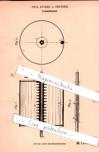 Original Patent - Paul Kühsel in Dresden , 1901 , Trommeltrockner !!!