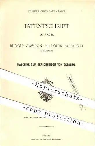 original Patent - Rudolf Gawron , Louis Rappaport , Gleiwitz , 1878 , Zerschneiden von Getreide , Mühle , Landwirtschaft