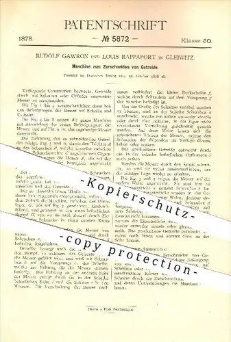 original Patent - Rudolf Gawron , Louis Rappaport , Gleiwitz , 1878 , Zerschneiden von Getreide , Mühle , Landwirtschaft