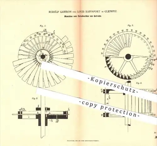 original Patent - Rudolf Gawron , Louis Rappaport , Gleiwitz , 1878 , Zerschneiden von Getreide , Mühle , Landwirtschaft