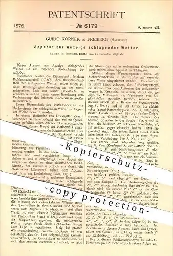 original Patent - Guido Körner in Freiberg , 1878 , Apparat zur Anzeige schlagender Wetter , Wettervorhersage !!!