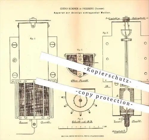 original Patent - Guido Körner in Freiberg , 1878 , Apparat zur Anzeige schlagender Wetter , Wettervorhersage !!!