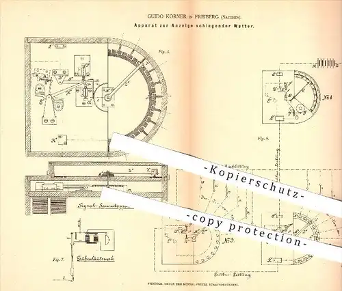 original Patent - Guido Körner in Freiberg , 1878 , Apparat zur Anzeige schlagender Wetter , Wettervorhersage !!!