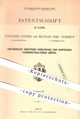 original Patent - J. Selwig in Braunschweig u. R. E. Schmidt , Sangerhausen , 1878 , Kegelpresse zum Auspressen , Presse