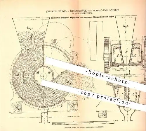 original Patent - J. Selwig in Braunschweig u. R. E. Schmidt , Sangerhausen , 1878 , Kegelpresse zum Auspressen , Presse