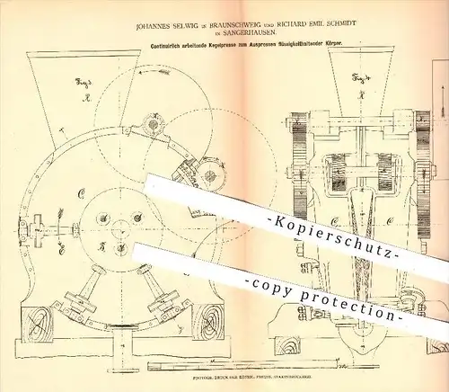 original Patent - J. Selwig in Braunschweig u. R. E. Schmidt , Sangerhausen , 1878 , Kegelpresse zum Auspressen , Presse