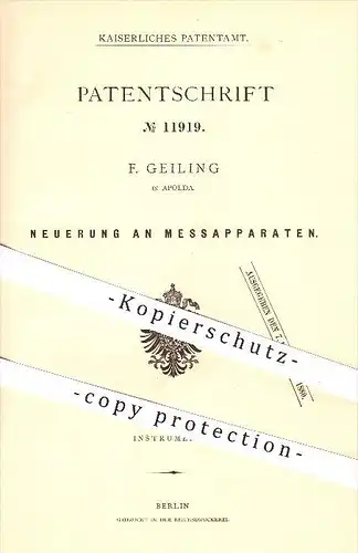 original Patent - F. Geiling in Apolda , 1880 , Messapparat , Messen , Messung , Flüssigkeit , Maß , Gefäße !!!