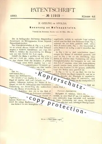 original Patent - F. Geiling in Apolda , 1880 , Messapparat , Messen , Messung , Flüssigkeit , Maß , Gefäße !!!