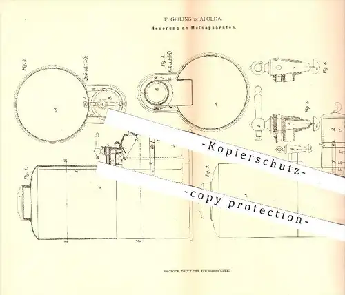 original Patent - F. Geiling in Apolda , 1880 , Messapparat , Messen , Messung , Flüssigkeit , Maß , Gefäße !!!