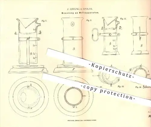 original Patent - F. Geiling in Apolda , 1880 , Messapparat , Messen , Messung , Flüssigkeit , Maß , Gefäße !!!