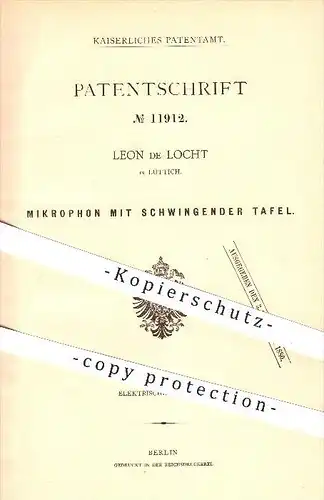 original Patent - Leon de Locht in Lüttich , 1879 , Mikrophon mit schwingender Tafel , Mikrofon , Telefon !!!