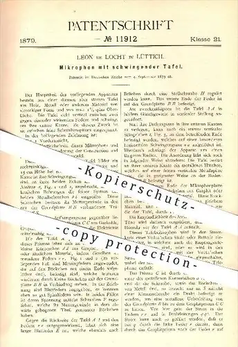 original Patent - Leon de Locht in Lüttich , 1879 , Mikrophon mit schwingender Tafel , Mikrofon , Telefon !!!