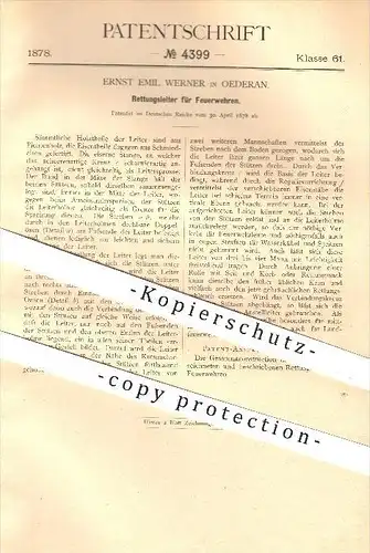 original Patent - Ernst E. Werner , Oederan , 1878 , Rettungsleiter für Feuerwehren , Feuerwehr , Leiter , Rettungswesen