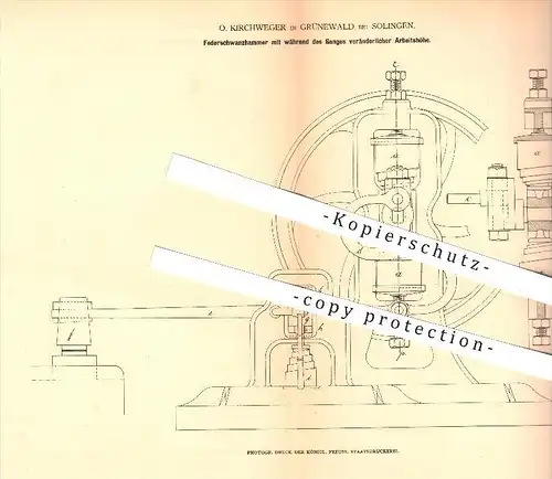 original Patent - O. Kirchweger , Grünewald , Solingen ,1878, Federschwanzhammer mit veränderlicher Arbeitshöhe , Hammer