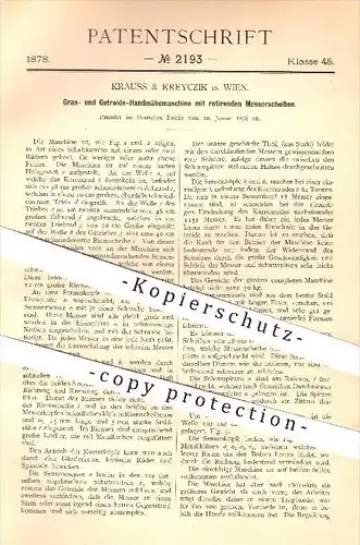 original Patent - Krauss & Kreyczik in Wien , 1878 , Gras - u. Getreide - Mähmaschine , Landwirtschaft , Mäher , Mähen !