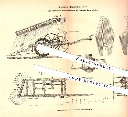 original Patent - Krauss & Kreyczik in Wien , 1878 , Gras - u. Getreide - Mähmaschine , Landwirtschaft , Mäher , Mähen !