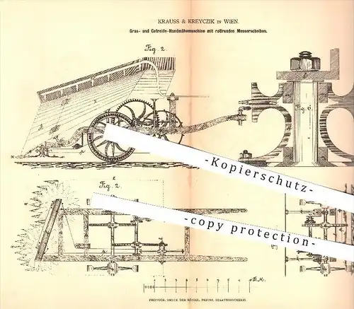 original Patent - Krauss & Kreyczik in Wien , 1878 , Gras - u. Getreide - Mähmaschine , Landwirtschaft , Mäher , Mähen !