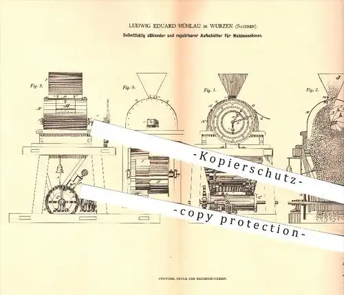 original Patent - Ludwig Eduard Mühlau in Wurzen , 1880 , regulierbarer Aufschütter für Mahlmaschinen , Mühle , Mühlen !