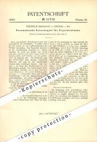 Original Patent - Wilhelm Bertram in Engers b. Neuwied a. Rh., 1880 , pneumatische Octavkopple für Orgel , Kirche !!!