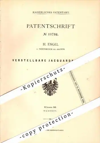 Original Patent - H. Engel in Imgenbroich / Monschau , 1880 , verstellbare Jacquardkarten , Weberei , Weber , Aachen !!!
