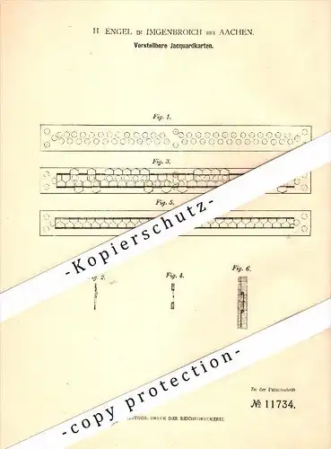 Original Patent - H. Engel in Imgenbroich / Monschau , 1880 , verstellbare Jacquardkarten , Weberei , Weber , Aachen !!!