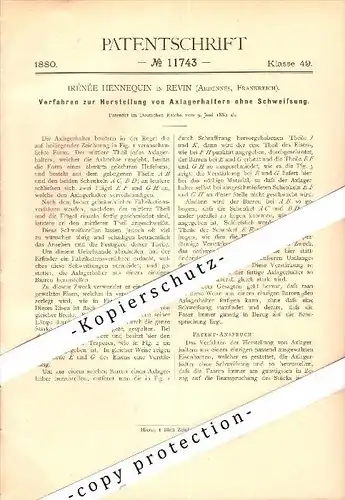 Original Patent - Irénée Hennequin à Revin , Ardennes , 1880 , Production de paliers d'essieu sans soudure !!!