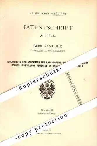 Original Patent - Gebr.  Ramdohr in Wansleben b. Teutschenthal , 1880 ,Entchlorung von Chlormagnesium , Mansfelder Land