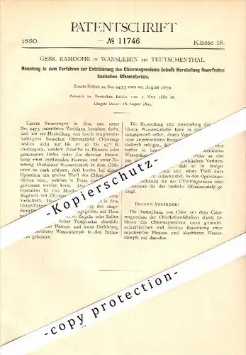 Original Patent - Gebr.  Ramdohr in Wansleben b. Teutschenthal , 1880 ,Entchlorung von Chlormagnesium , Mansfelder Land