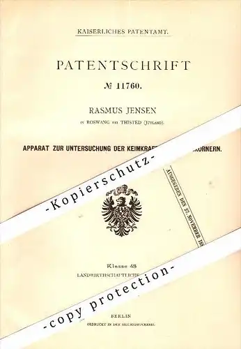 Original Patent - R. Jensen in Roswang bei Thisted , 1880 , Apparat für Keimkraft von Samen , Saatzucht , Saat , Denmark