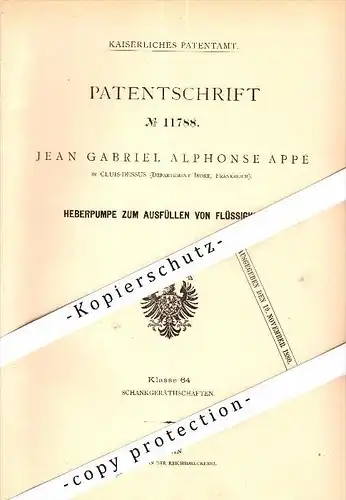 Original Patent - Jean G.A. Appé à Cluis-Dessus , Indre , 1880 , pompe pour les liquides de levage , Cluis !!!