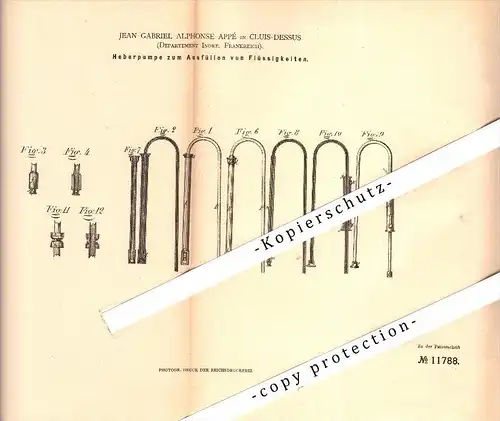 Original Patent - Jean G.A. Appé à Cluis-Dessus , Indre , 1880 , pompe pour les liquides de levage , Cluis !!!