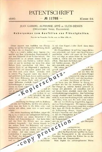 Original Patent - Jean G.A. Appé à Cluis-Dessus , Indre , 1880 , pompe pour les liquides de levage , Cluis !!!