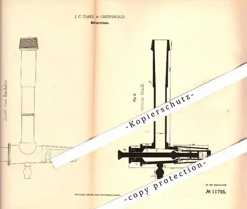 Original Patent - J.C. Tabel in Greifswald in Mecklenburg , 1880 , Bier-Spritzhahn , Brauerei , Alkohol , Kneipe !!!
