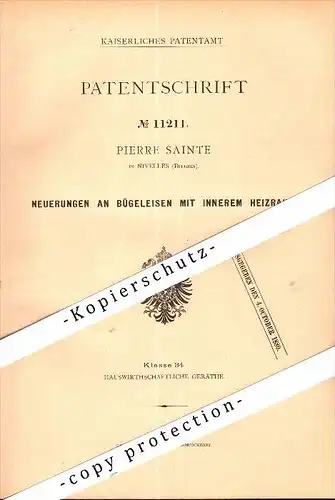 Original Patent - Pierre Saintel in Nivelles , Belgien , 1880 , Bügeleisen mit Heizraum !!!