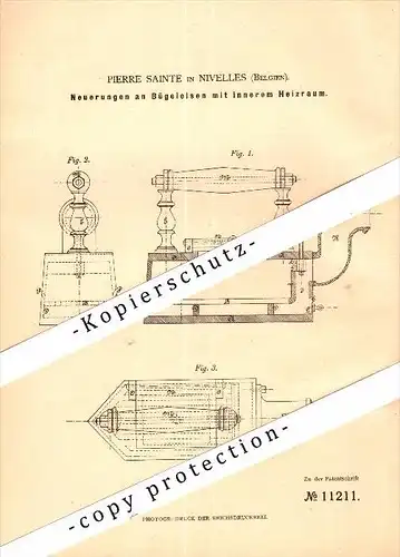 Original Patent - Pierre Saintel in Nivelles , Belgien , 1880 , Bügeleisen mit Heizraum !!!