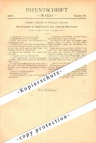 Original Patent - Pierre Saintel in Nivelles , Belgien , 1880 , Bügeleisen mit Heizraum !!!