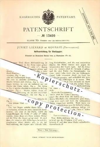 original Patent - Juniet-Liénard in Roubaix , Frankreich , 1880 , Heftvorrichtung für Blockpapier , Papier , Papeterie !