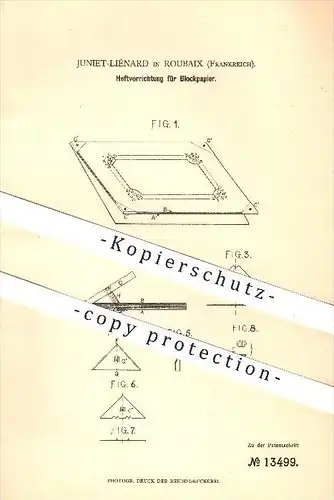 original Patent - Juniet-Liénard in Roubaix , Frankreich , 1880 , Heftvorrichtung für Blockpapier , Papier , Papeterie !