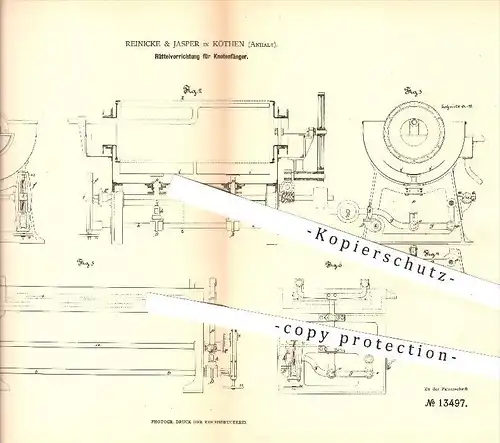 original Patent - Reinicke & Jasper in Köthen , 1880 , Rüttelvorrichtung für Knotenfänger , Papier , Papierfabrik !!!