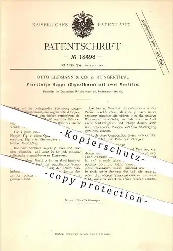 original Patent - Otto Liebmann & Co. in Klingenthal , 1880 , Viertönige Hupe , Signalhorn mit zwei Ventilen  !!!