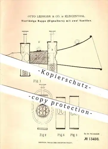 original Patent - Otto Liebmann & Co. in Klingenthal , 1880 , Viertönige Hupe , Signalhorn mit zwei Ventilen  !!!